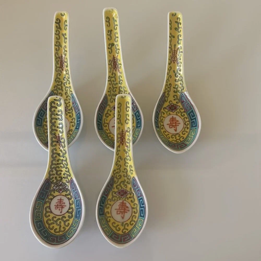 China Jingdezhen Wanshou Porcelain Soup Spoons Yellow Hand Painted Set of 7